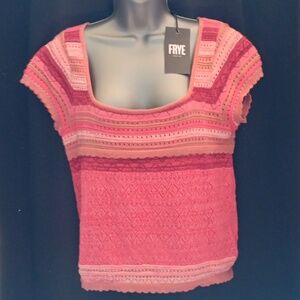 NEW Frye Short Sleeve Textured Red, Pink, Tan Top Size Large